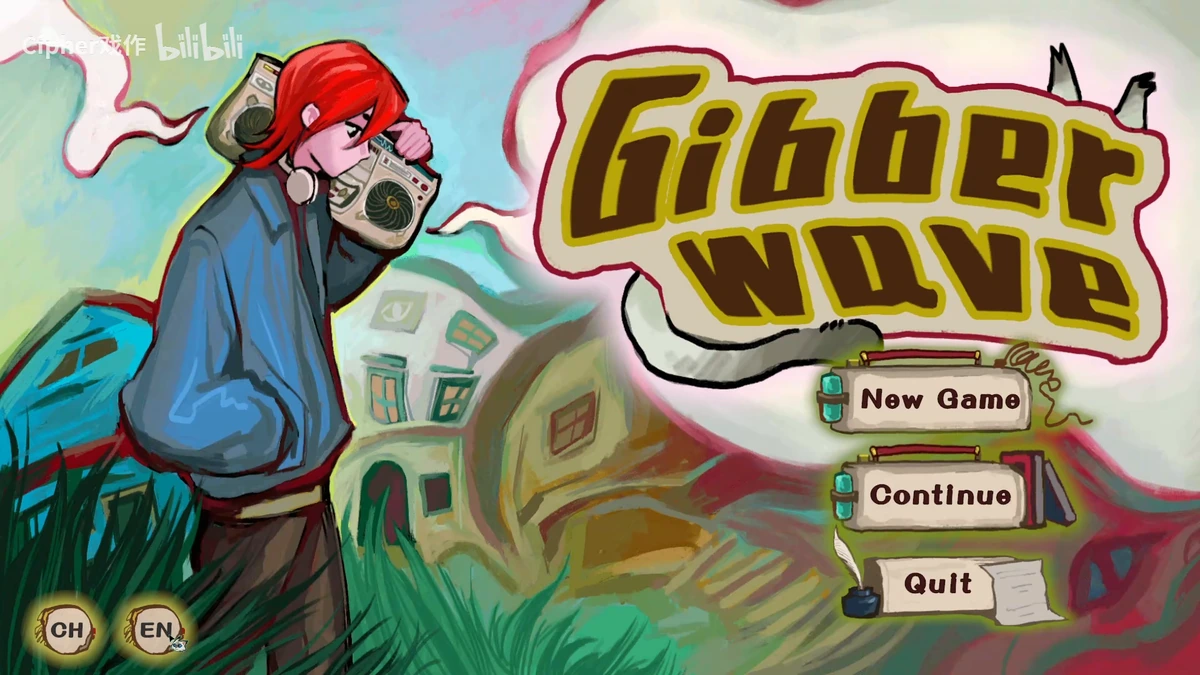 Original video frame showing Gibber Wave’s illustrated title screen, main character and game menu.
