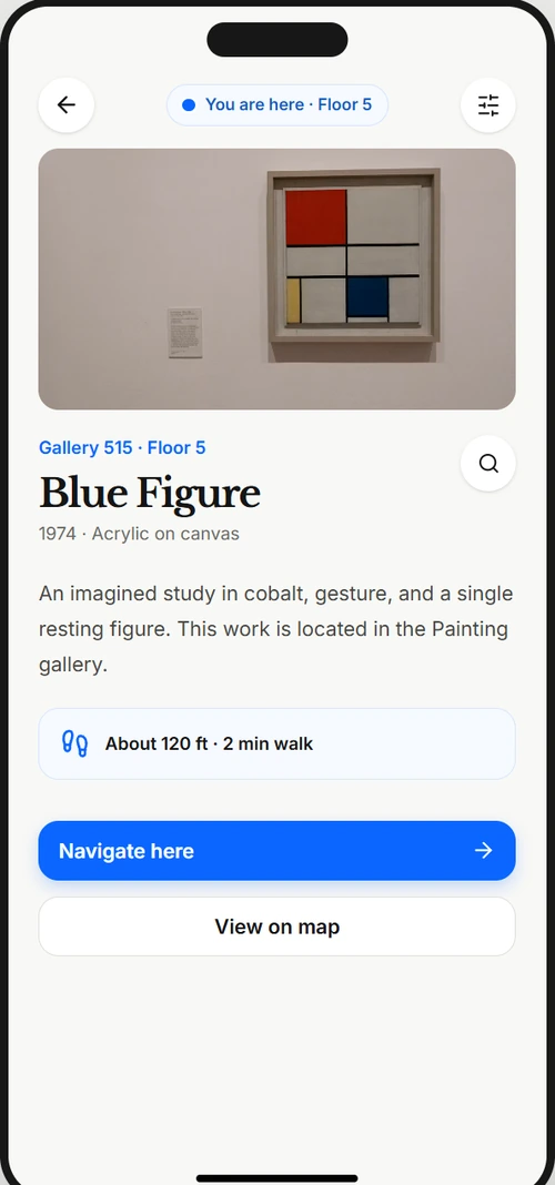 User-provided prototype artwork-detail screen with a photograph, distance estimate, Navigate here and View on map buttons.