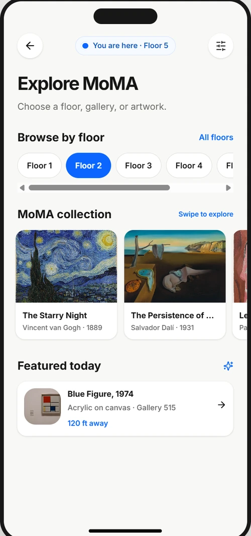User-provided prototype screen showing floor choices, the MoMA collection carousel, and a featured artwork.
