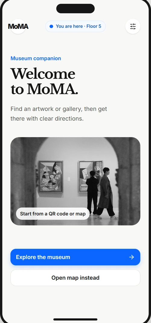 User-provided MoMA Wayfinding welcome screen with a gallery photograph and museum-entry choices.