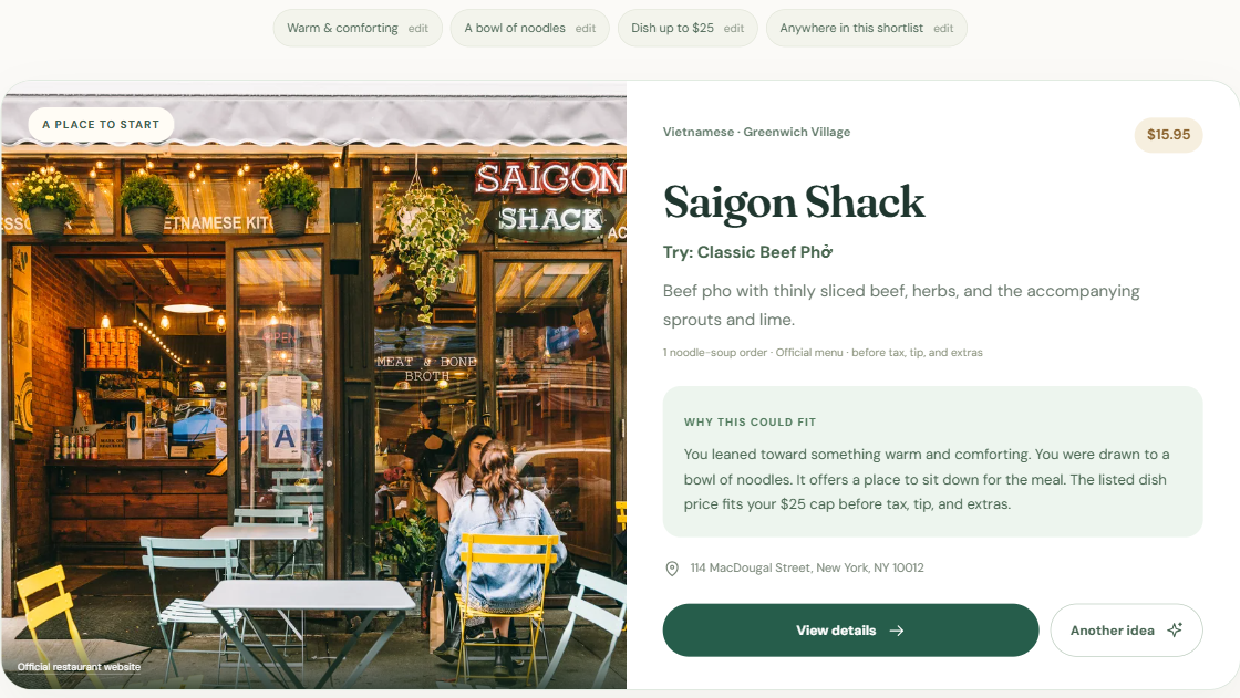 Actual result before feedback: $25 dish cap, Saigon Shack Classic Beef Phở at $15.95.