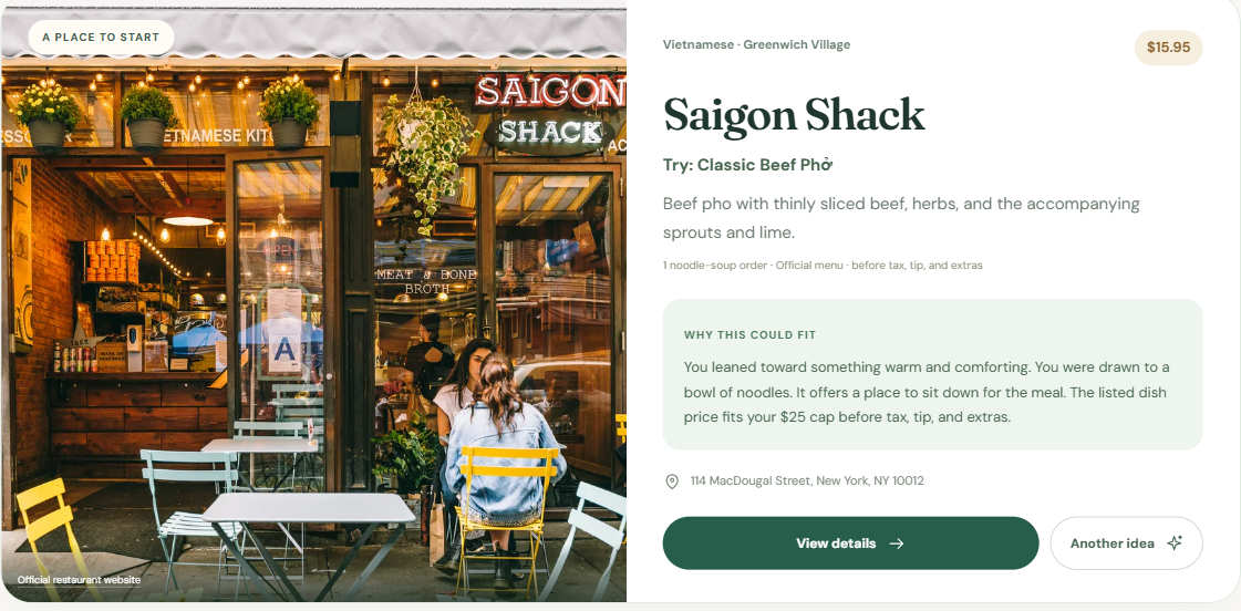 Actual Morrow result recommending Saigon Shack and a specific dish at a recorded menu price.
