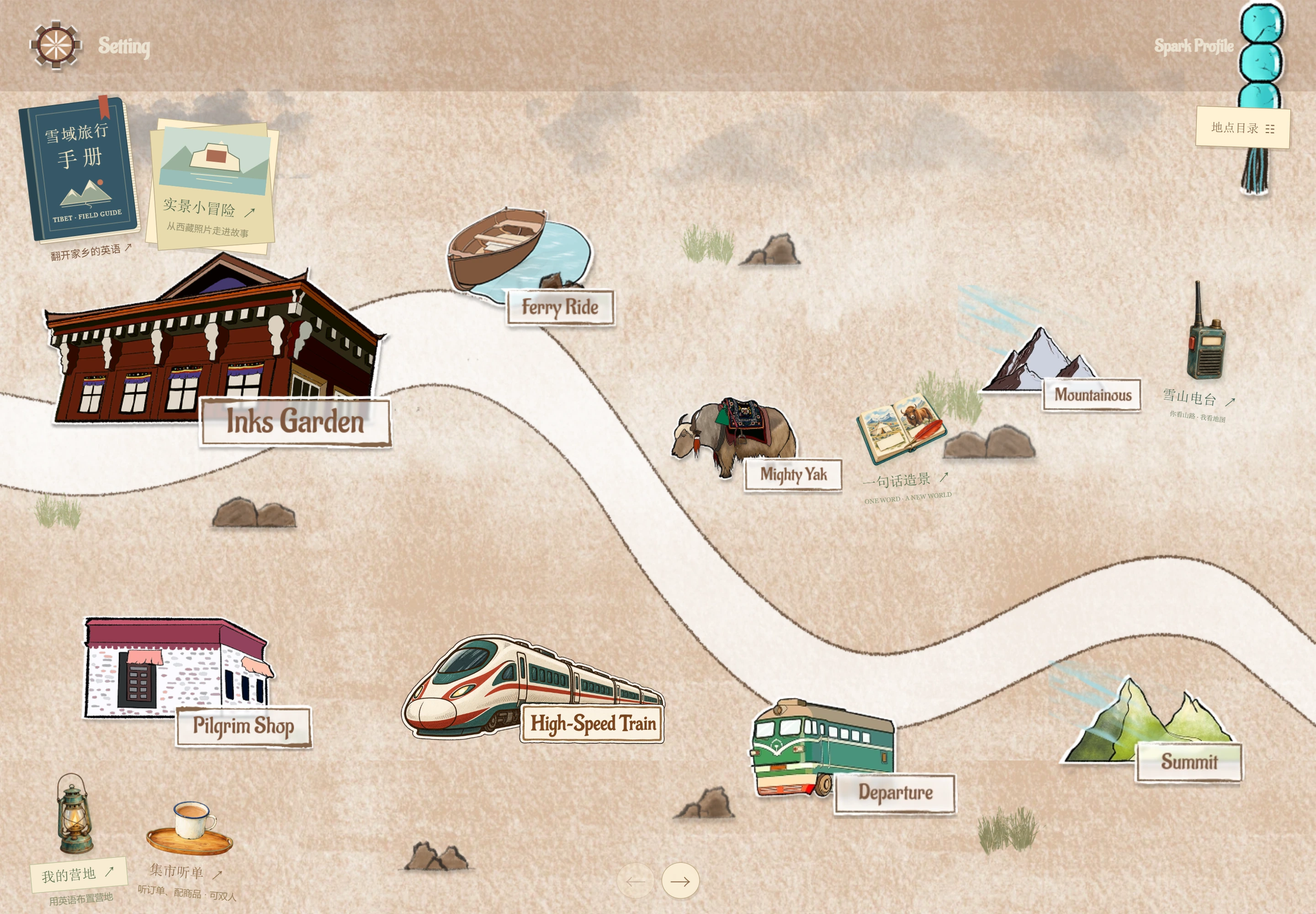 Actual Plateau Quest home map with illustrated destinations for English-learning activities.