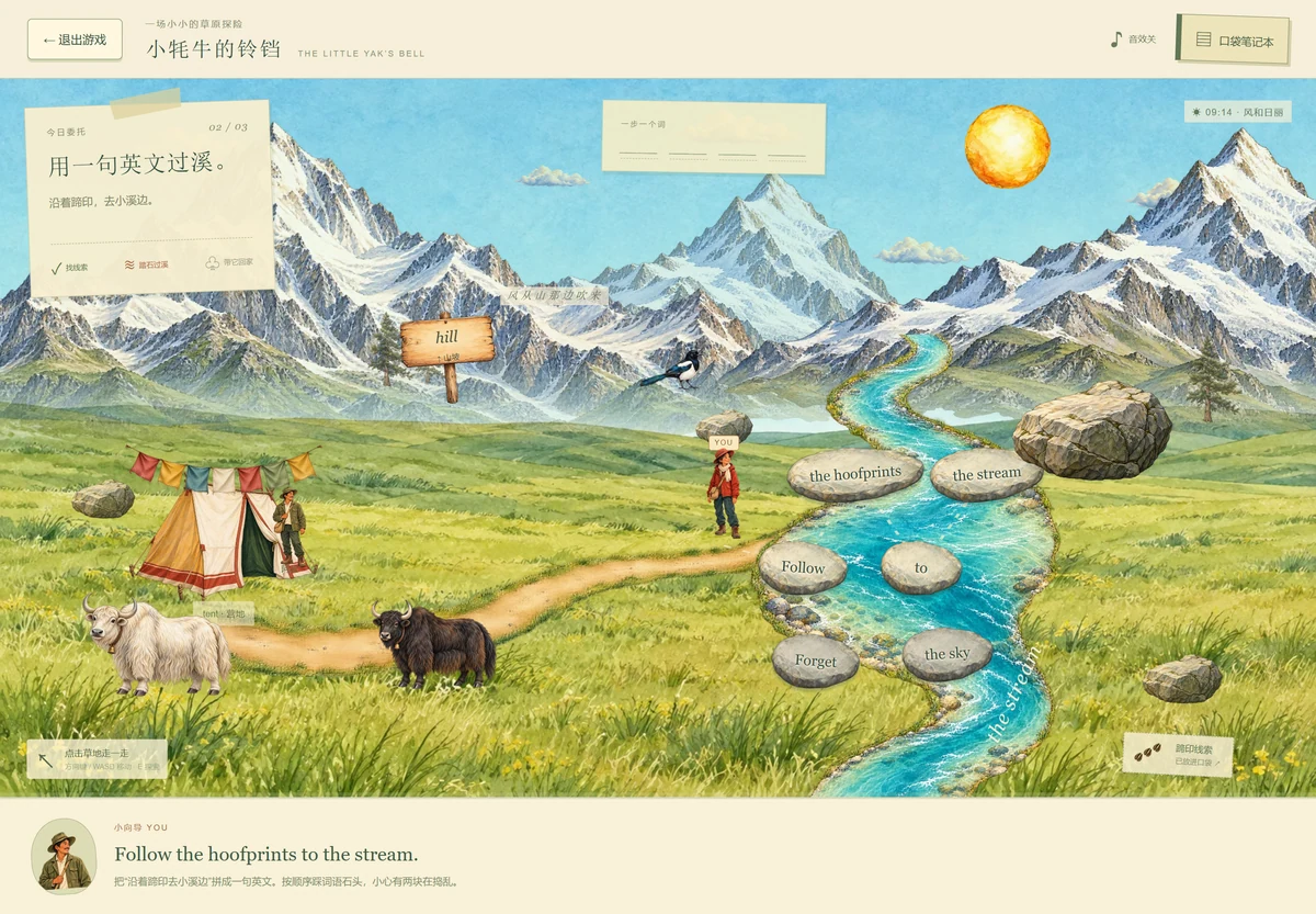 Actual Mighty Yak adventure showing the grassland, yaks, and word-stone sentence-building task at a stream.