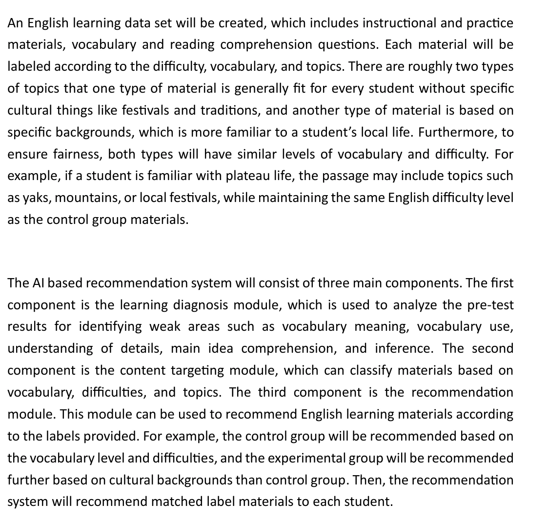 Original excerpt from page 6 of the research paper, describing the learning-material library and three proposed recommendation-system components.